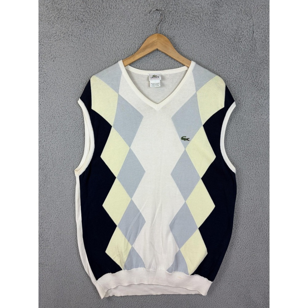 Lacoste Sport Sweater Vest Mens XL Multi Argyle Cotton Knit V Neck France VTG